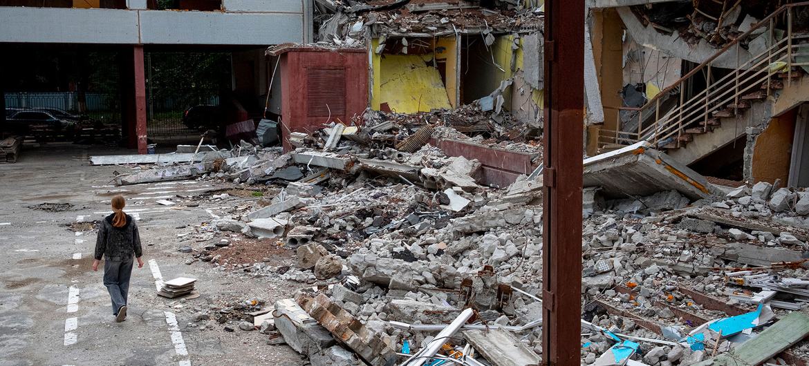 A school destroyed during an air strike in Kharkiv, Ukraine.